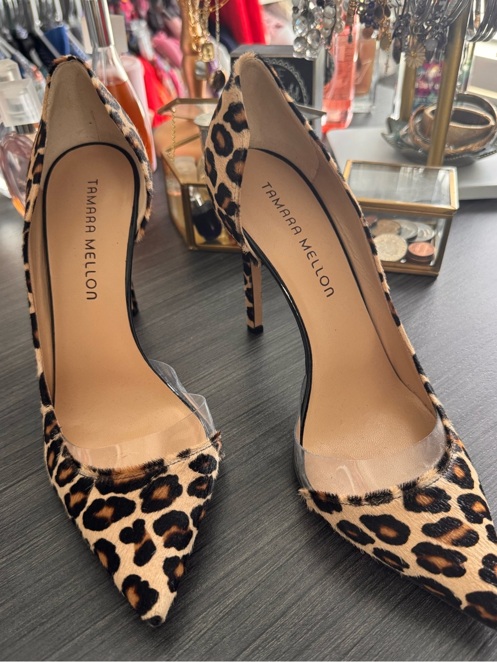 Tamara Mellon Leopard calf hair Pointed-Toe Stiletto Pumps in Tan and Black